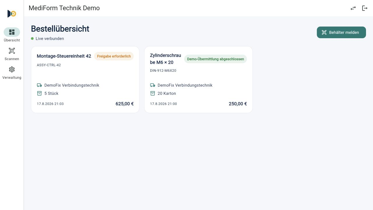 Reales KanbanSignal-Dashboard mit den aktuellen Bestellvorgängen.