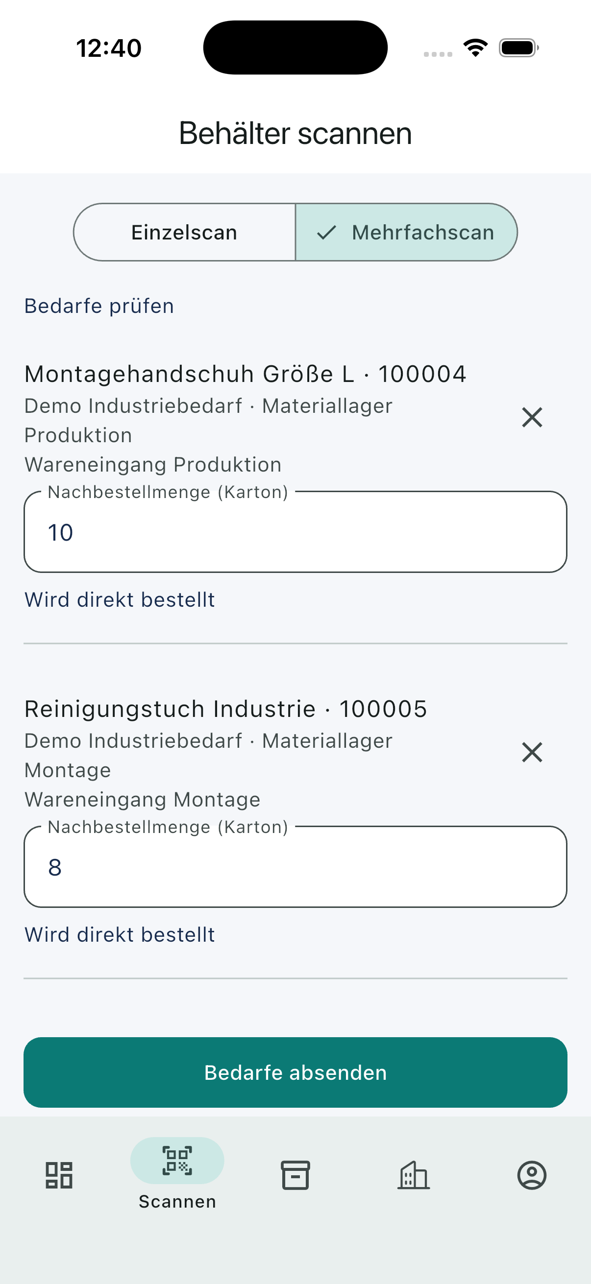 KanbanSignal multi-scan showing two captured containers with editable replenishment quantities.