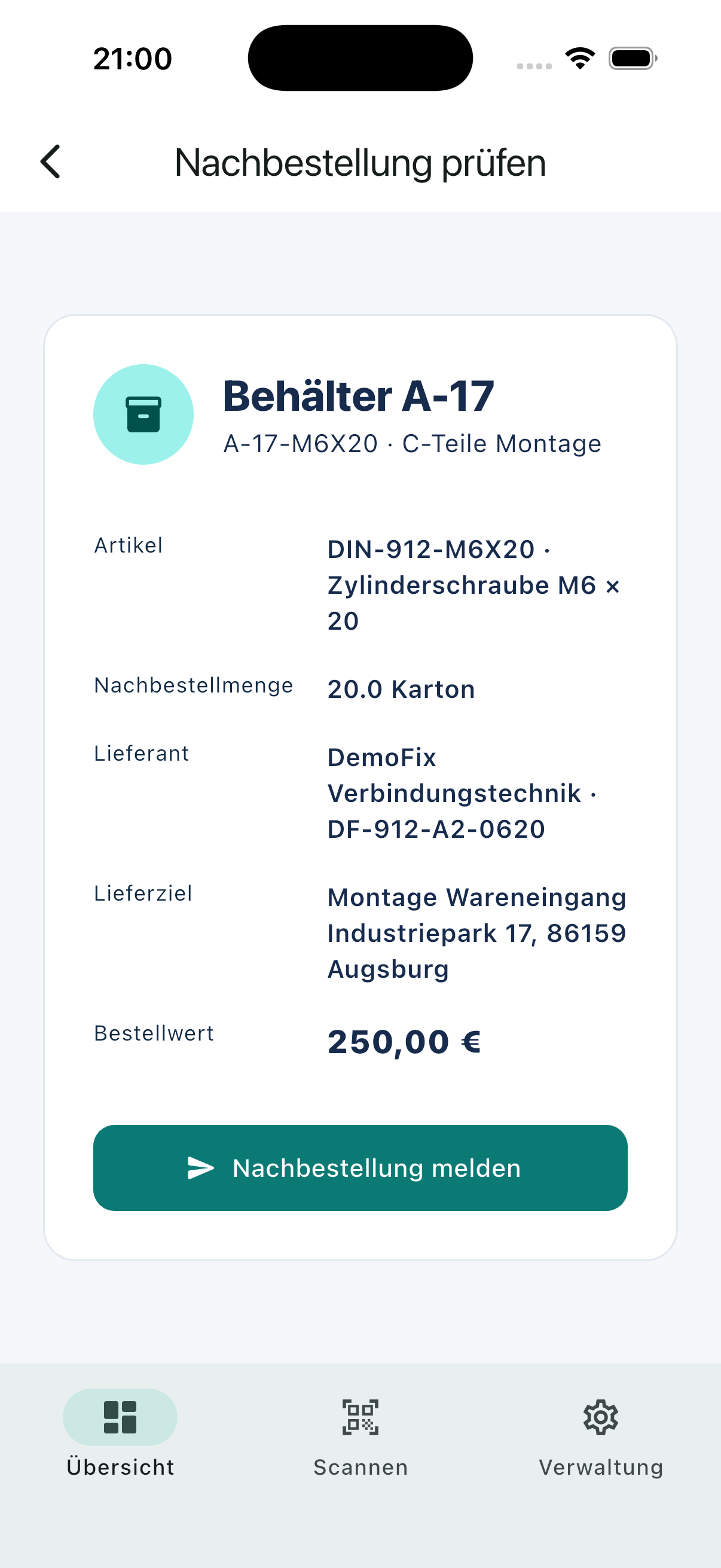 KanbanSignal zeigt nach dem Scan die vorbereiteten Bestelldaten auf einem Smartphone.