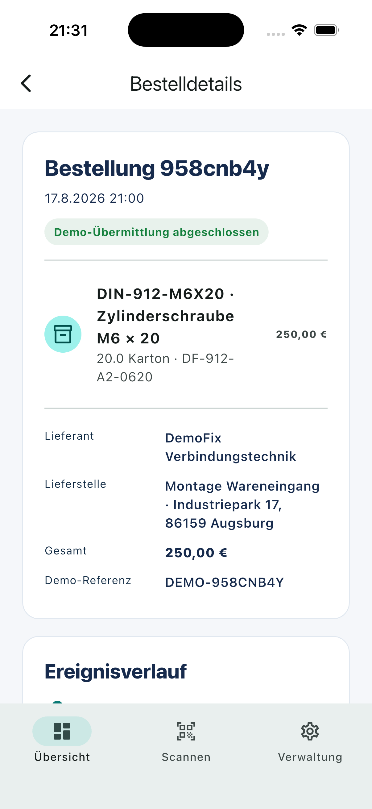 KanbanSignal-Bestelldetails mit Artikel, Lieferstelle und Referenz.