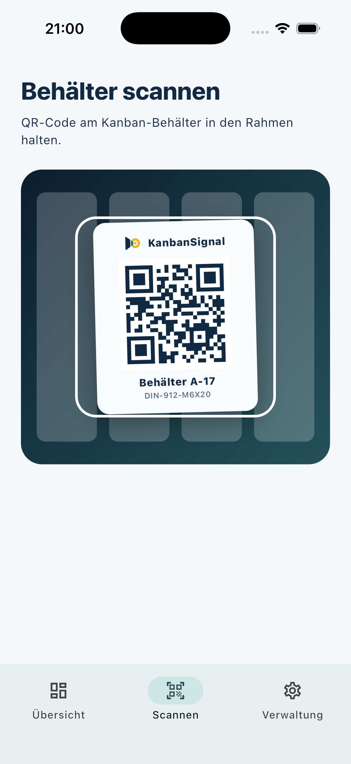 KanbanSignal scannt den QR-Code eines Behälters in der mobilen App.